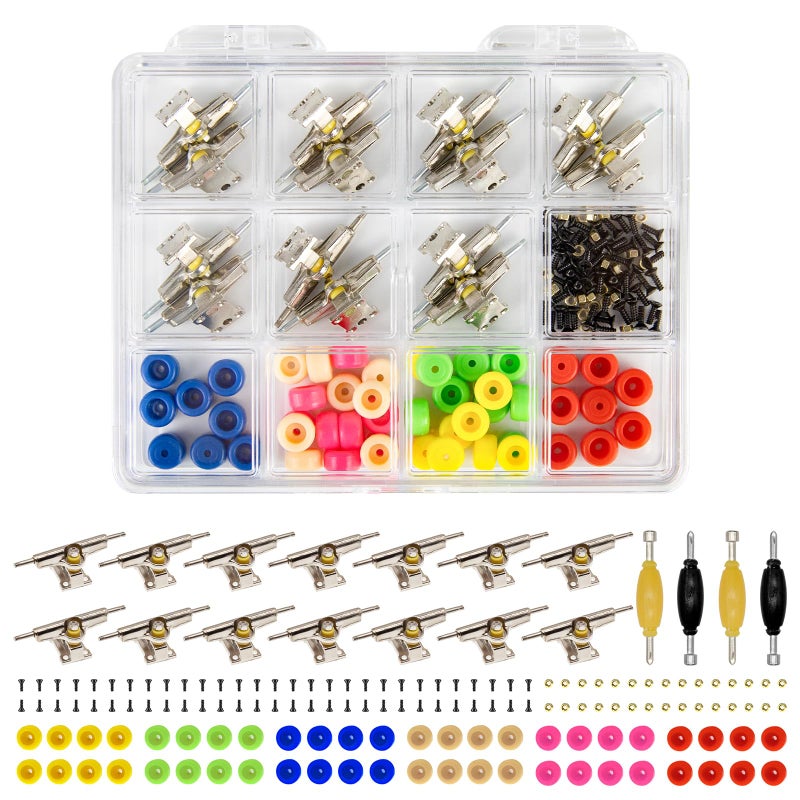 DisplayMore Fingerboard Repair Kit -Includes Box & Tools-Mini 96mm Finger Skateboard Parts Include 14 Brackets 48 Multicolour Wheels 60 Screws 30 Nuts 4 Screwdriver(Trucks-31mm & Box) - Image 1
